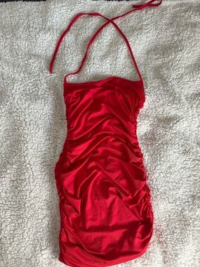 Red Ruched Halter Mini Dress